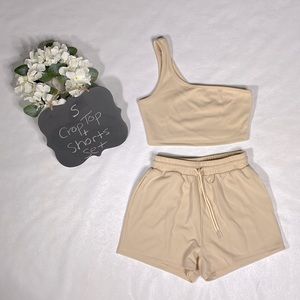 One Shoulder Crop Top & Shorts Set in Cream Small